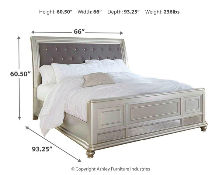 ASHLEY FURNITURE PKG007819 Queen Upholstered Sleigh Bed With Mirrored Dresser, Chest and Nightstand