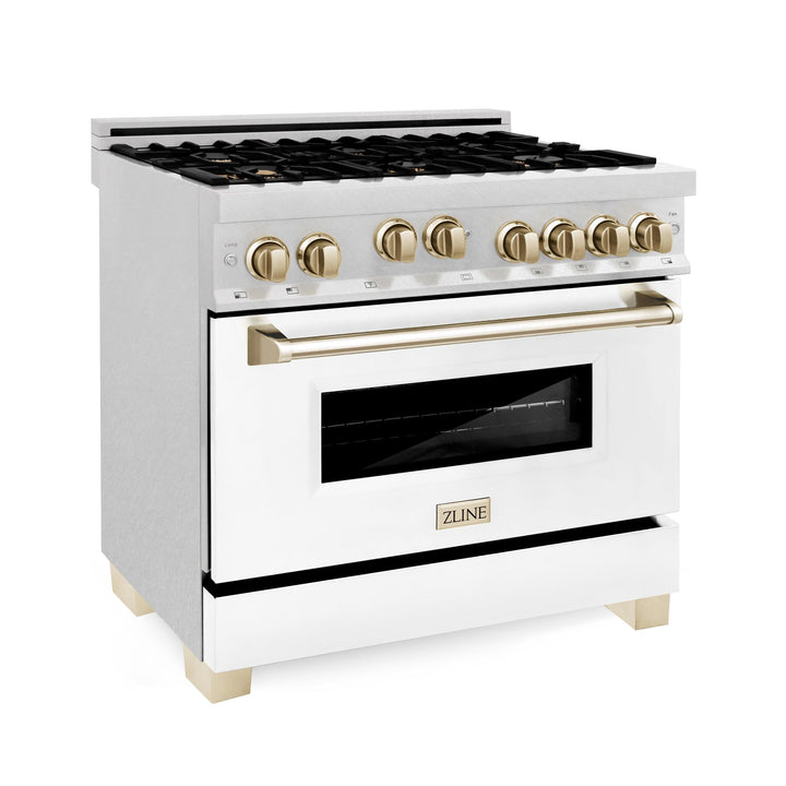 ZLINE KITCHEN AND BATH RGSZWM36CB ZLINE 36" 4.6 cu. ft. Range with Gas Stove and Gas Oven in DuraSnow R Stainless Steel with White Matte Door and Accents Accent: Champagne Bronze