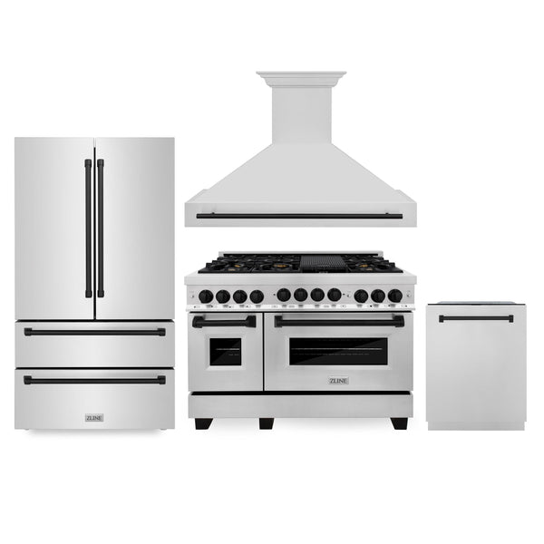 ZLINE KITCHEN AND BATH 4AKPRRGRHDWM48MB ZLINE 48" Autograph Edition Kitchen Package with Stainless Steel Gas Range, Range Hood, Dishwasher and Refrigeration with Matte Black Accents