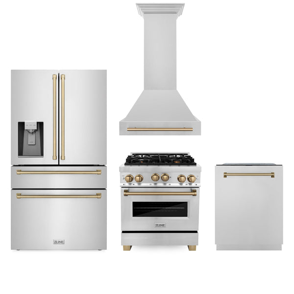 ZLINE KITCHEN AND BATH 4AKPRRGRHDWM30CB ZLINE 30" Autograph Edition Kitchen Package with Stainless Steel Gas Range, Range Hood, Dishwasher and Refrigeration with Champagne Bronze Accents