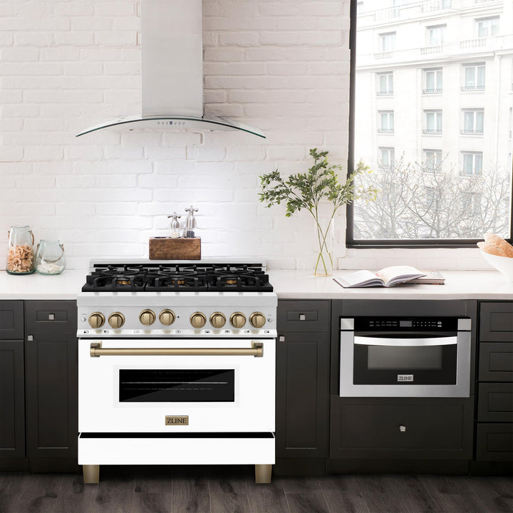 ZLINE KITCHEN AND BATH RGSZWM36CB ZLINE 36" 4.6 cu. ft. Range with Gas Stove and Gas Oven in DuraSnow R Stainless Steel with White Matte Door and Accents Accent: Champagne Bronze