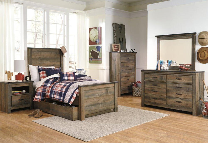 ASHLEY FURNITURE PKG005216 Twin Panel Bed With 1 Storage Drawer With Mirrored Dresser, Chest and 2 Nightstands