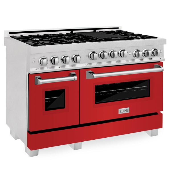 ZLINE KITCHEN AND BATH RGSRM48 ZLINE 48" 6.0 cu. ft. Range with Gas Stove and Gas Oven in ZLINE DuraSnow Stainless Steel R Color: Red Matte