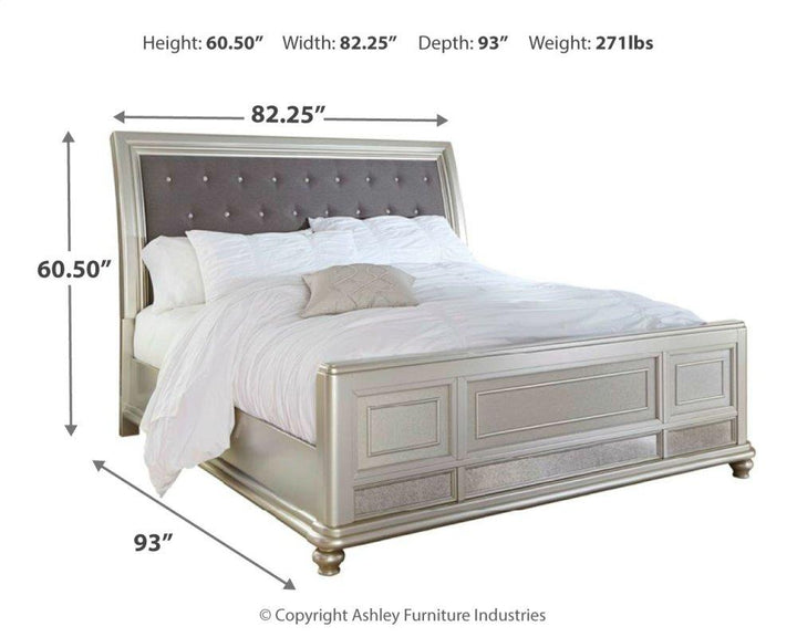 ASHLEY FURNITURE PKG007849 King Upholstered Sleigh Bed With Mirrored Dresser and 2 Nightstands