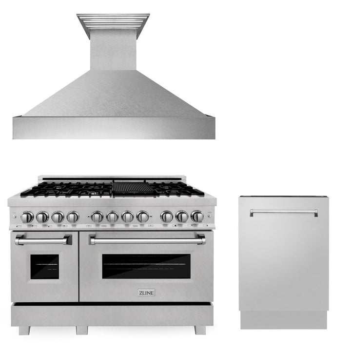 ZLINE KITCHEN AND BATH 3KPRASRH48DWV ZLINE 48" Kitchen Package with DuraSnow R Stainless Dual Fuel Range, Ducted Vent Range Hood and Tall Tub Dishwasher