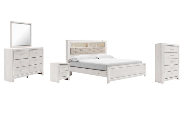 ASHLEY FURNITURE PKG009440 King Panel Bookcase Bed With Mirrored Dresser, Chest and Nightstand