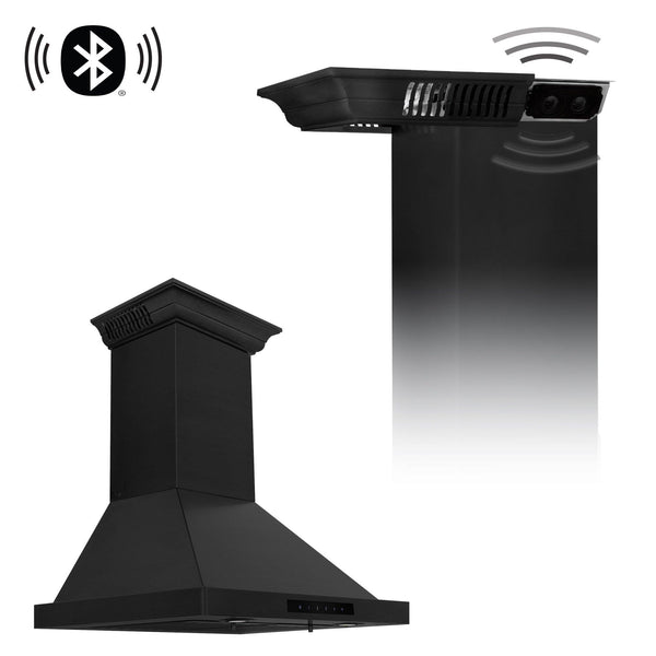 ZLINE KITCHEN AND BATH BSKBNCRNBT24 ZLINE Wall Mount Range Hood in Black Stainless Steel with Built-in CrownSound R Bluetooth Speakers Size: 24 Inch