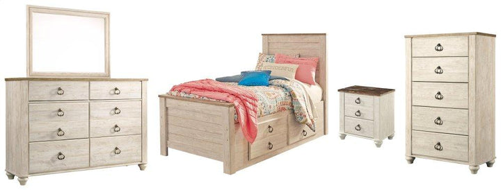 ASHLEY FURNITURE PKG004447 Twin Panel Bed With 2 Storage Drawers With Mirrored Dresser, Chest and Nightstand