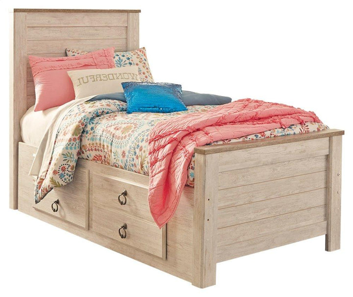 ASHLEY FURNITURE PKG004447 Twin Panel Bed With 2 Storage Drawers With Mirrored Dresser, Chest and Nightstand