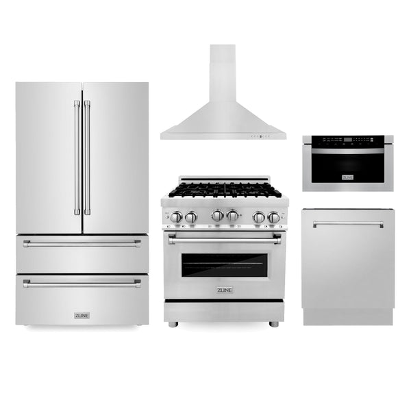 ZLINE KITCHEN AND BATH 5KPRRGRH30MWDWV ZLINE Kitchen Package with Refrigeration, 30" Stainless Steel Gas Range, 30" Convertible Vent Range Hood, 24" Microwave Drawer, and 24" Tall Tub Dishwasher