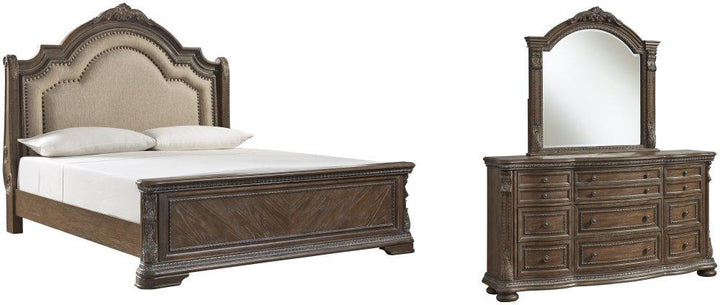 ASHLEY FURNITURE PKG007106 King Upholstered Sleigh Bed With Mirrored Dresser