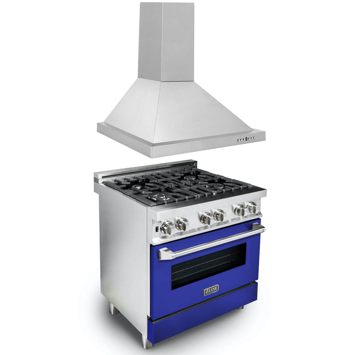 ZLINE KITCHEN AND BATH 2KPRABGRH30 ZLINE 30" Kitchen Package with Stainless Steel Dual Fuel Range with Blue Gloss Door and Convertible Vent Range Hood