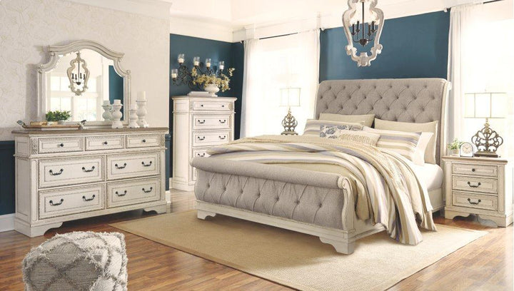 ASHLEY FURNITURE PKG006673 Queen Sleigh Bed With Mirrored Dresser, Chest and 2 Nightstands