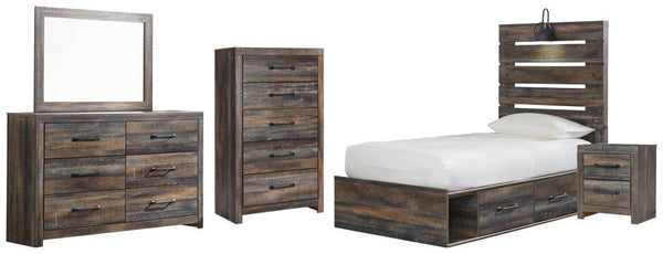 ASHLEY FURNITURE PKG003178 Twin Panel Bed With 4 Storage Drawers With Mirrored Dresser, Chest and Nightstand