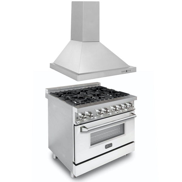 ZLINE KITCHEN AND BATH 2KPRAWMRH36 ZLINE 36" Kitchen Package with Stainless Steel Dual Fuel Range with White Matte Door and Convertible Vent Range Hood