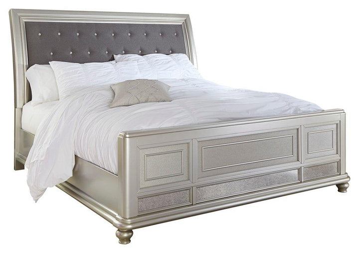 ASHLEY FURNITURE PKG007849 King Upholstered Sleigh Bed With Mirrored Dresser and 2 Nightstands