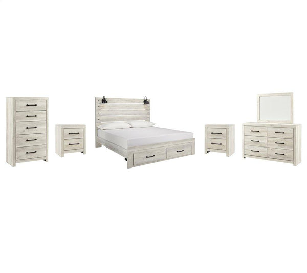 ASHLEY FURNITURE PKG003048 King Panel Bed With 2 Storage Drawers With Mirrored Dresser, Chest and 2 Nightstands