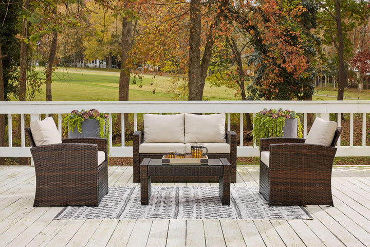 ASHLEY FURNITURE PKG014428 Outdoor Loveseat and 2 Lounge Chairs With Coffee Table