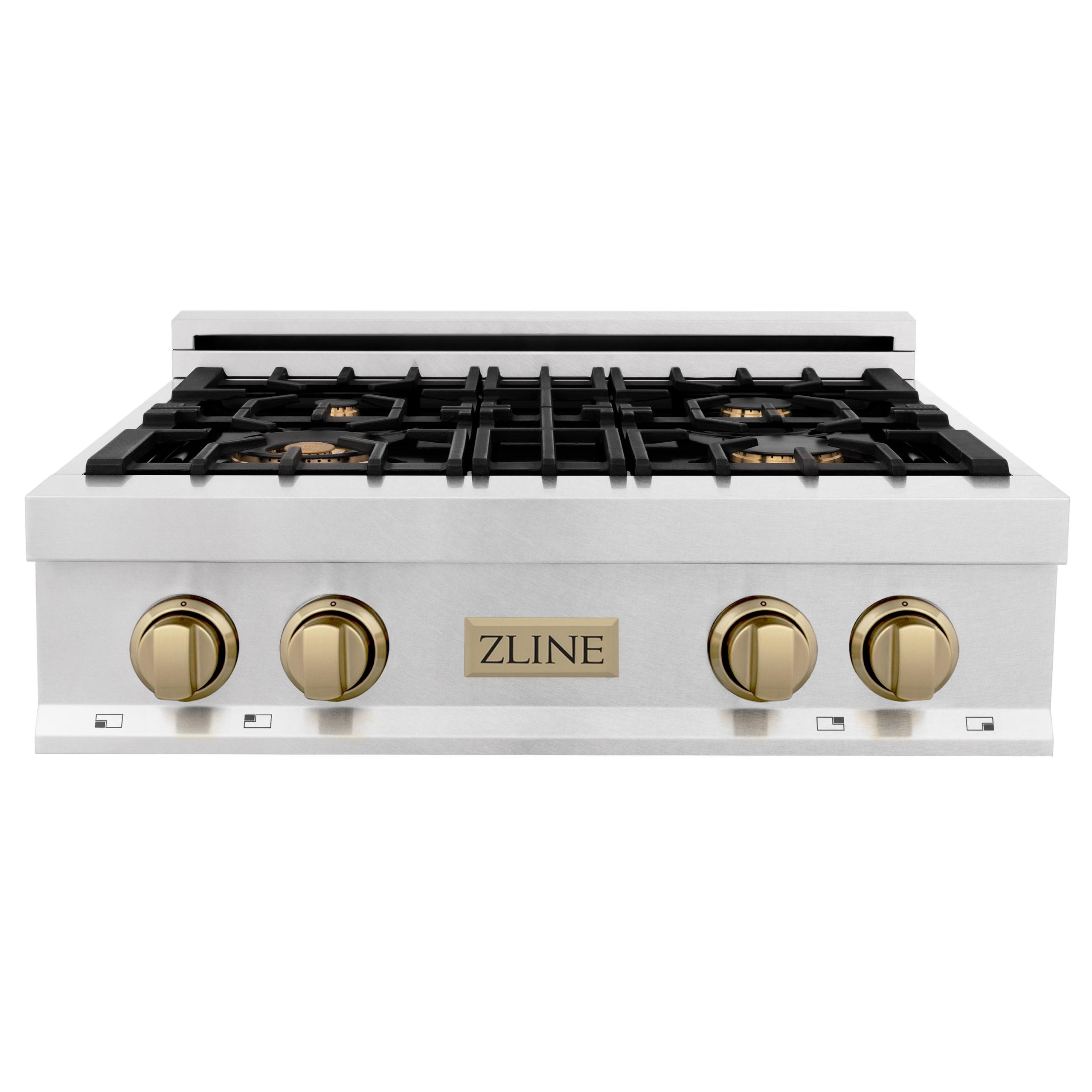 ZLINE KITCHEN AND BATH RTSZ30CB ZLINE Autograph Edition 30" Porcelain Rangetop with 4 Gas Burners in DuraSnow R Stainless Steel and Accents Color: Champagne Bronze