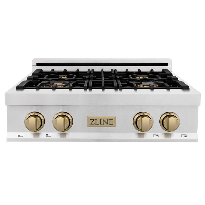 ZLINE KITCHEN AND BATH RTSZ30G ZLINE Autograph Edition 30" Porcelain Rangetop with 4 Gas Burners in DuraSnow R Stainless Steel and Accents Color: Gold