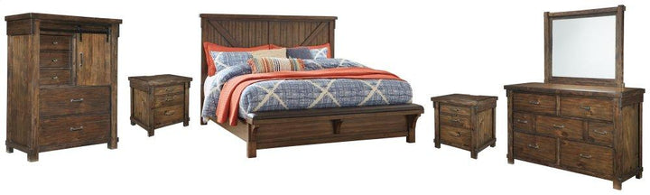 ASHLEY FURNITURE PKG006345 California King Panel Bed With Upholstered Bench With Mirrored Dresser, Chest and 2 Nightstands