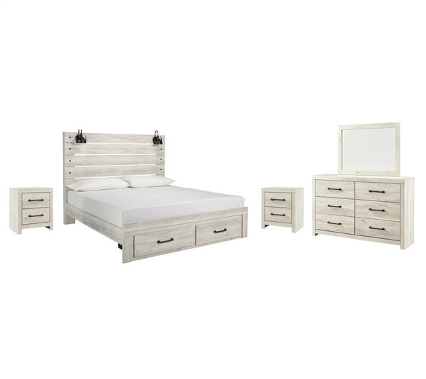 ASHLEY FURNITURE PKG003045 King Panel Bed With 2 Storage Drawers With Mirrored Dresser and 2 Nightstands