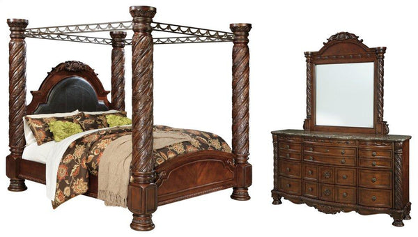 ASHLEY FURNITURE PKG005793 King Poster Bed With Canopy With Mirrored Dresser