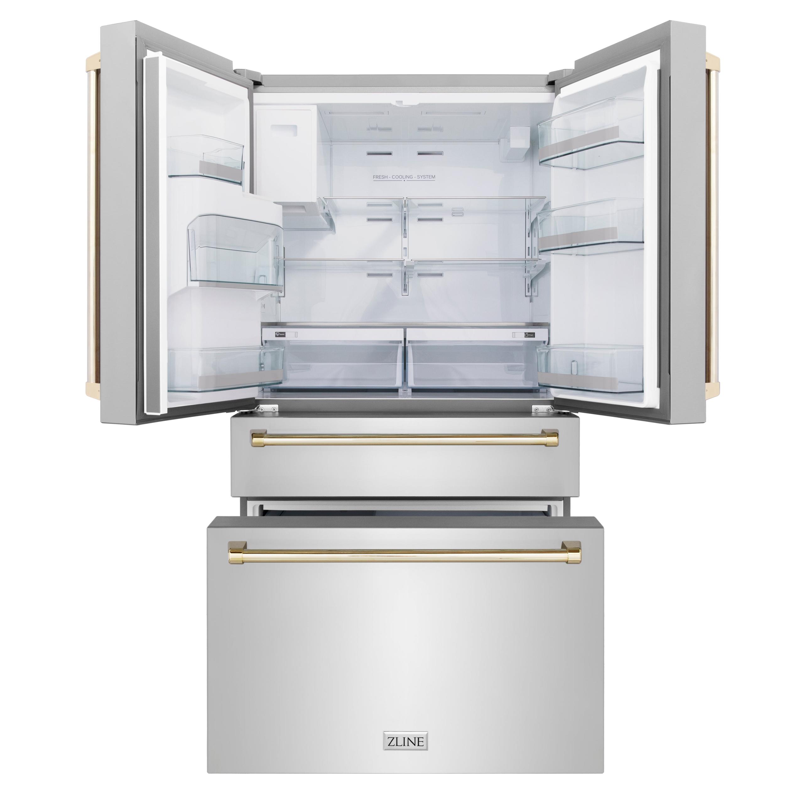 ZLINE KITCHEN AND BATH RFMZW36G ZLINE 36" Autograph Edition 21.6 cu. ft Freestanding French Door Refrigerator with Water and Ice Dispenser in Fingerprint Resistant Stainless Steel with Accents Color: Gold