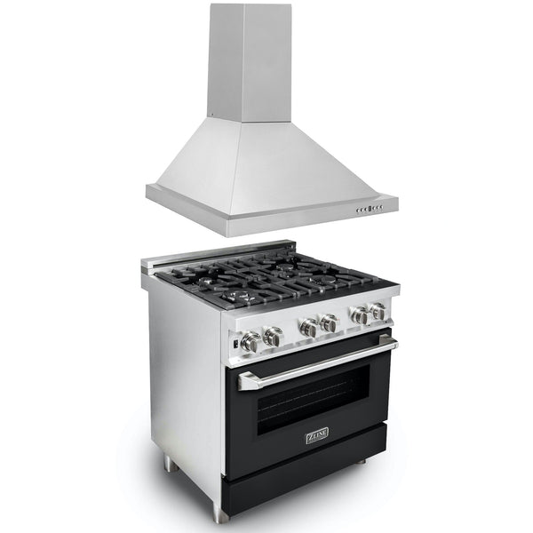 ZLINE KITCHEN AND BATH 2KPRABLMRH30 ZLINE 30" Kitchen Package with Stainless Steel Dual Fuel Range with Black Matte Door and Convertible Vent Range Hood