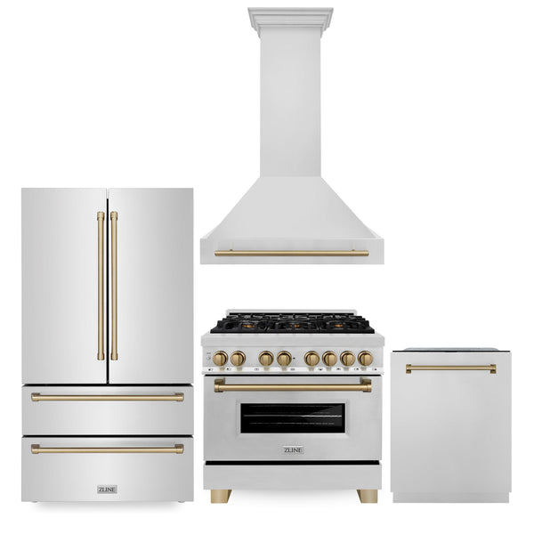 ZLINE KITCHEN AND BATH 4KAPRRARHDWM36CB ZLINE 36" Autograph Edition Kitchen Package with Stainless Steel Dual Fuel Range, Range Hood, Dishwasher and Refrigeration with Champagne Bronze Accents