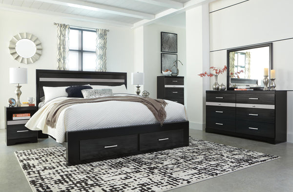 ASHLEY FURNITURE PKG007675 King Panel Bed With 2 Storage Drawers With Mirrored Dresser, Chest and Nightstand