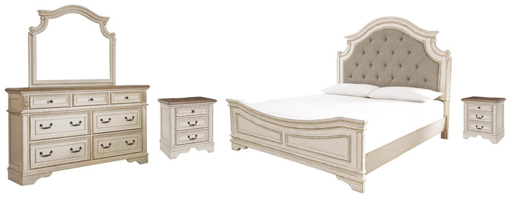 ASHLEY FURNITURE PKG007889 Queen Upholstered Panel Bed With Mirrored Dresser and 2 Nightstands