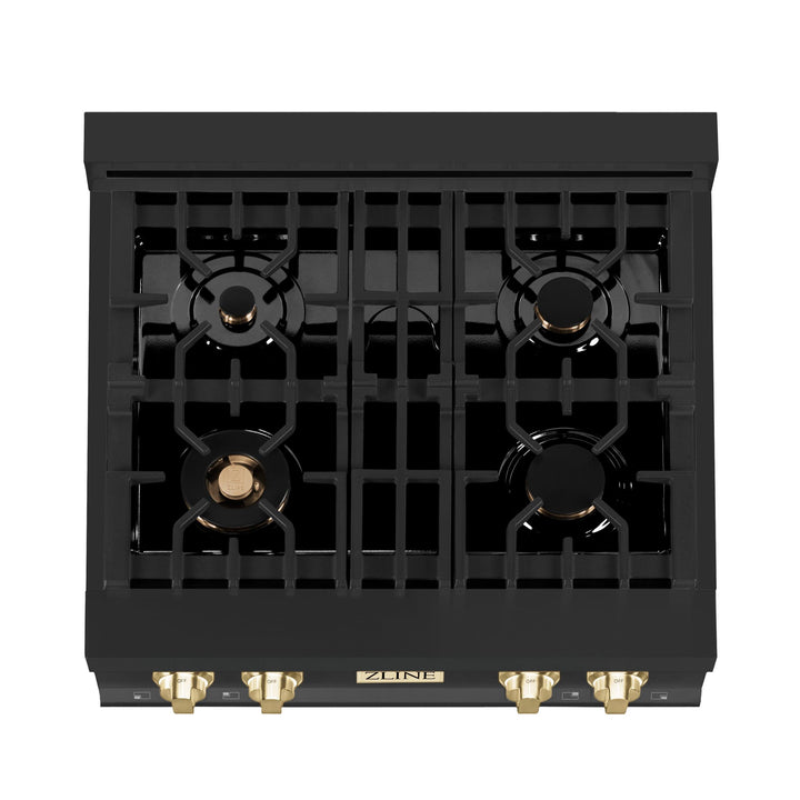 ZLINE KITCHEN AND BATH RTBZ30G ZLINE Autograph Edition 30" Porcelain Rangetop with 4 Gas Burners in Black Stainless Steel and Accents Accent: Gold