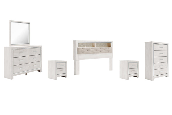 ASHLEY FURNITURE PKG009489 King Bookcase Headboard With Mirrored Dresser, Chest and 2 Nightstands