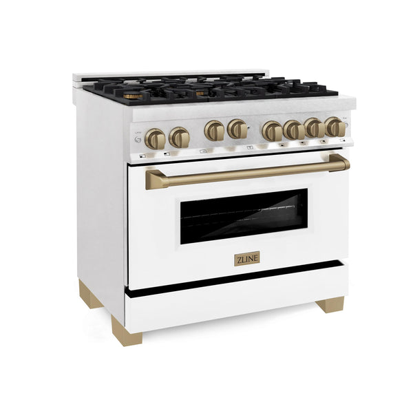 ZLINE KITCHEN AND BATH RGSZWM36CB ZLINE 36" 4.6 cu. ft. Range with Gas Stove and Gas Oven in DuraSnow R Stainless Steel with White Matte Door and Accents Accent: Champagne Bronze