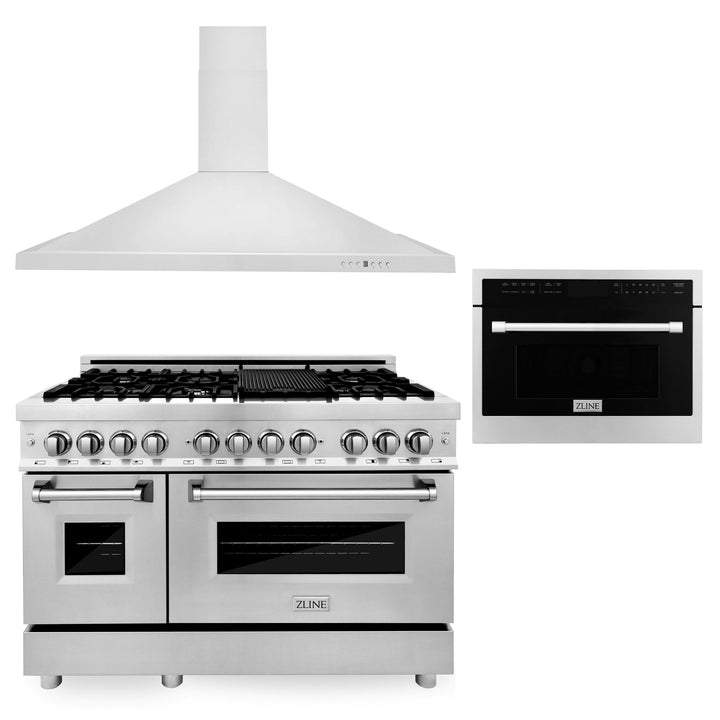 ZLINE KITCHEN AND BATH 3KPRARHMWO48 ZLINE 48" Kitchen Package with Stainless Steel Dual Fuel Range, Convertible Vent Range Hood and 24" Microwave Oven