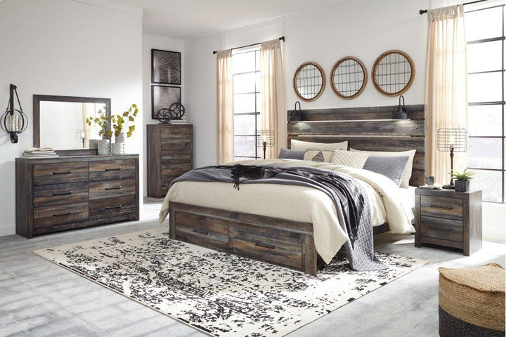 ASHLEY FURNITURE PKG003426 King Panel Bed With Storage With Mirrored Dresser, Chest and Nightstand