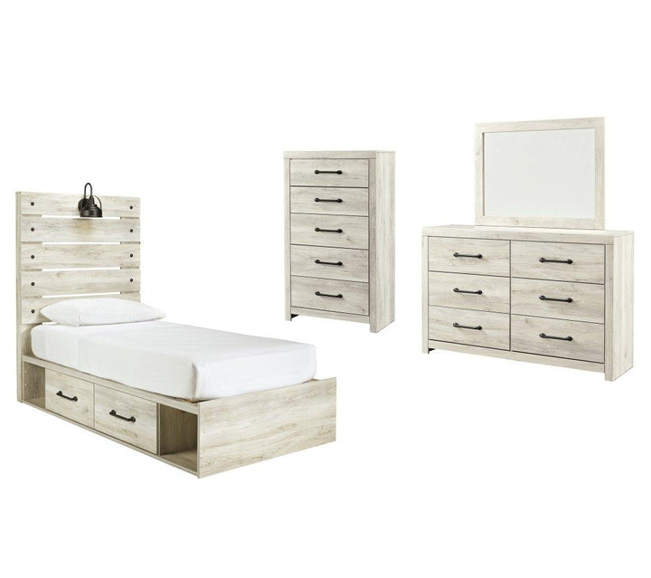 ASHLEY FURNITURE PKG002980 Twin Panel Bed With 2 Storage Drawers With Mirrored Dresser and Chest