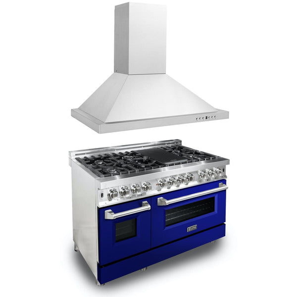 ZLINE KITCHEN AND BATH 2KPRABGRH48 ZLINE 48" Kitchen Package with Stainless Steel Dual Fuel Range with Blue Gloss Door and Convertible Vent Range Hood