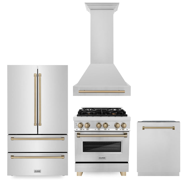 ZLINE KITCHEN AND BATH 4KAPRRARHDWM30CB ZLINE 30" Autograph Edition Kitchen Package with Stainless Steel Dual Fuel Range, Range Hood, Dishwasher and Refrigeration with Champagne Bronze Accents