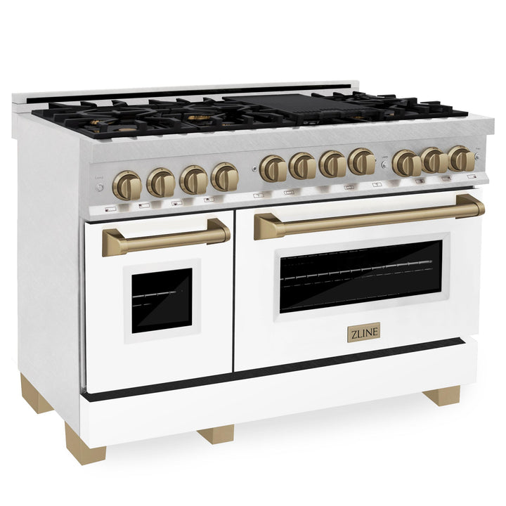 ZLINE KITCHEN AND BATH RGSZWM48CB ZLINE Autograph Edition 48" 6.0 cu. ft. Range with Gas Stove and Gas Oven in DuraSnow R Stainless Steel with White Matte Door Color: Champagne Bronze