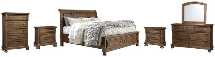 ASHLEY FURNITURE PKG006449 King Sleigh Bed With 2 Storage Drawers With Mirrored Dresser, Chest and 2 Nightstands