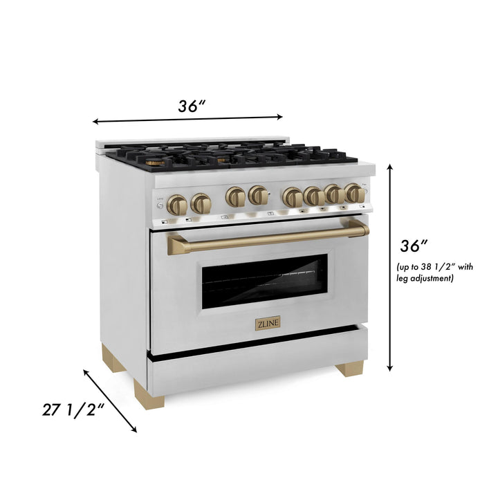 ZLINE KITCHEN AND BATH RGZ36CB ZLINE Autograph Edition 36" 4.6 cu. ft. Range with Gas Stove and Gas Oven in Stainless Steel with Accents Color: Champagne Bronze