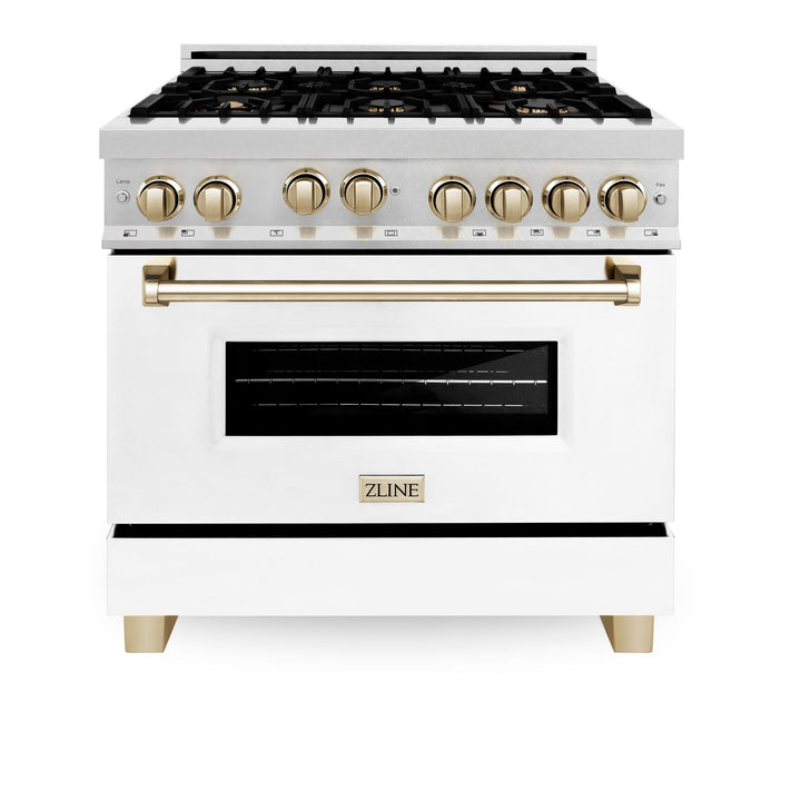 ZLINE KITCHEN AND BATH RGSZWM36G ZLINE 36" 4.6 cu. ft. Range with Gas Stove and Gas Oven in DuraSnow R Stainless Steel with White Matte Door and Accents Accent: Gold