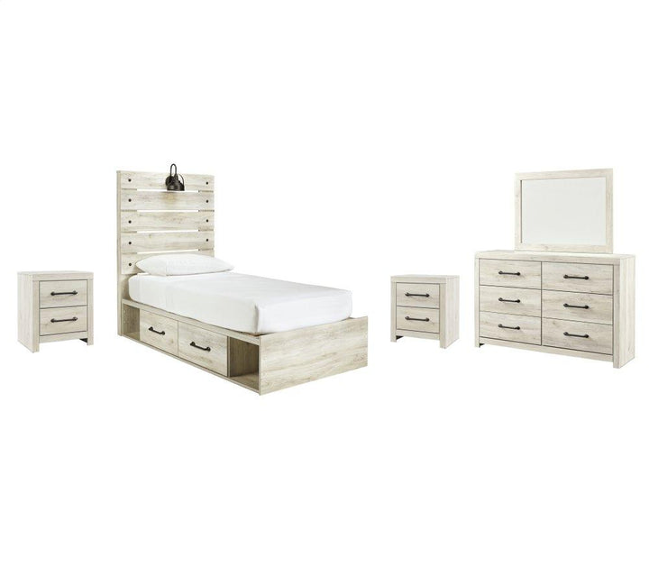 ASHLEY FURNITURE PKG002978 Twin Panel Bed With 2 Storage Drawers With Mirrored Dresser and 2 Nightstands