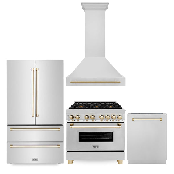 ZLINE KITCHEN AND BATH 4KAPRRARHDWM36G ZLINE 36" Autograph Edition Kitchen Package with Stainless Steel Dual Fuel Range, Range Hood, Dishwasher and Refrigeration with Gold Accents