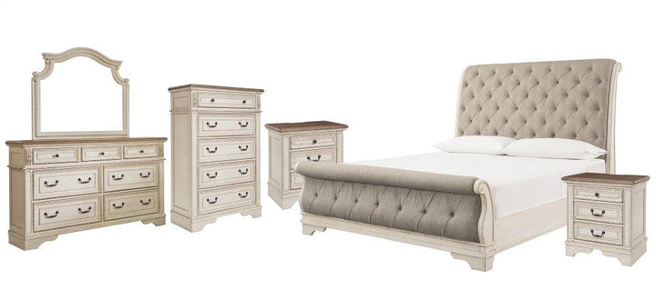 ASHLEY FURNITURE PKG006673 Queen Sleigh Bed With Mirrored Dresser, Chest and 2 Nightstands