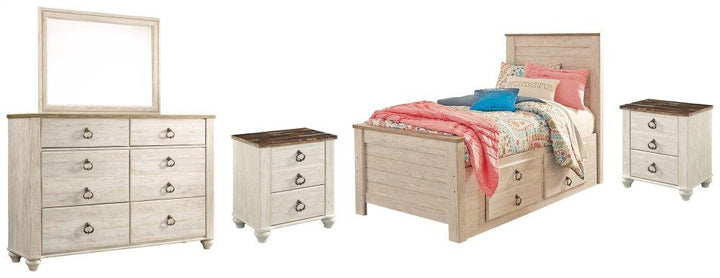 ASHLEY FURNITURE PKG004377 Twin Panel Bed With 2 Storage Drawers With Mirrored Dresser and 2 Nightstands