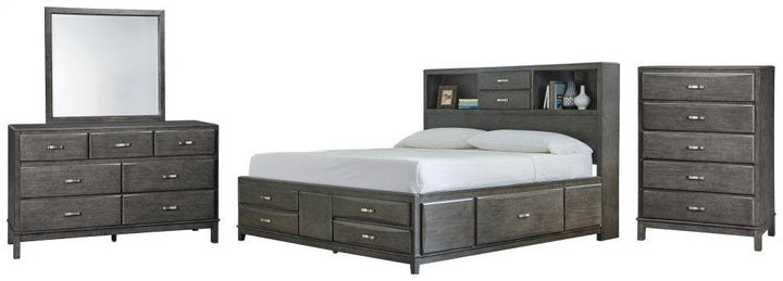 ASHLEY FURNITURE PKG005276 King Storage Bed With 8 Storage Drawers With Mirrored Dresser and Chest