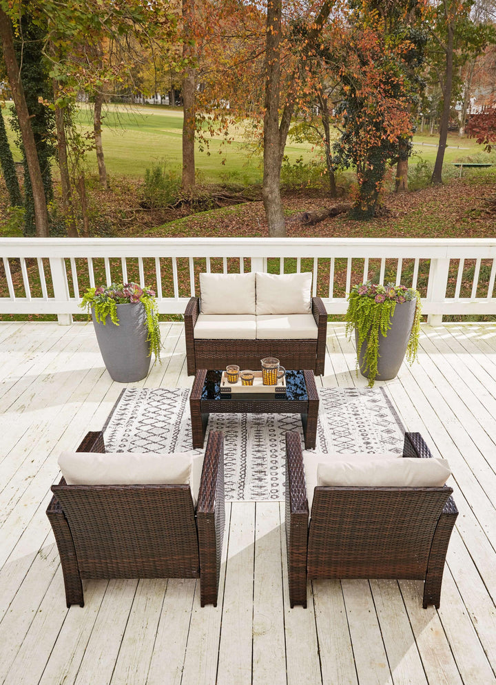 ASHLEY FURNITURE PKG014428 Outdoor Loveseat and 2 Lounge Chairs With Coffee Table